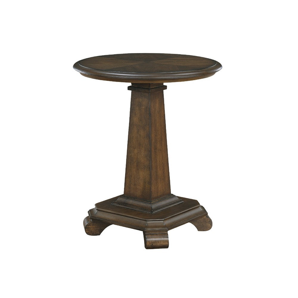 Benjara Rox Side End Table, 22 Inch Round Top, Tapered Pedestal Base, Brown
