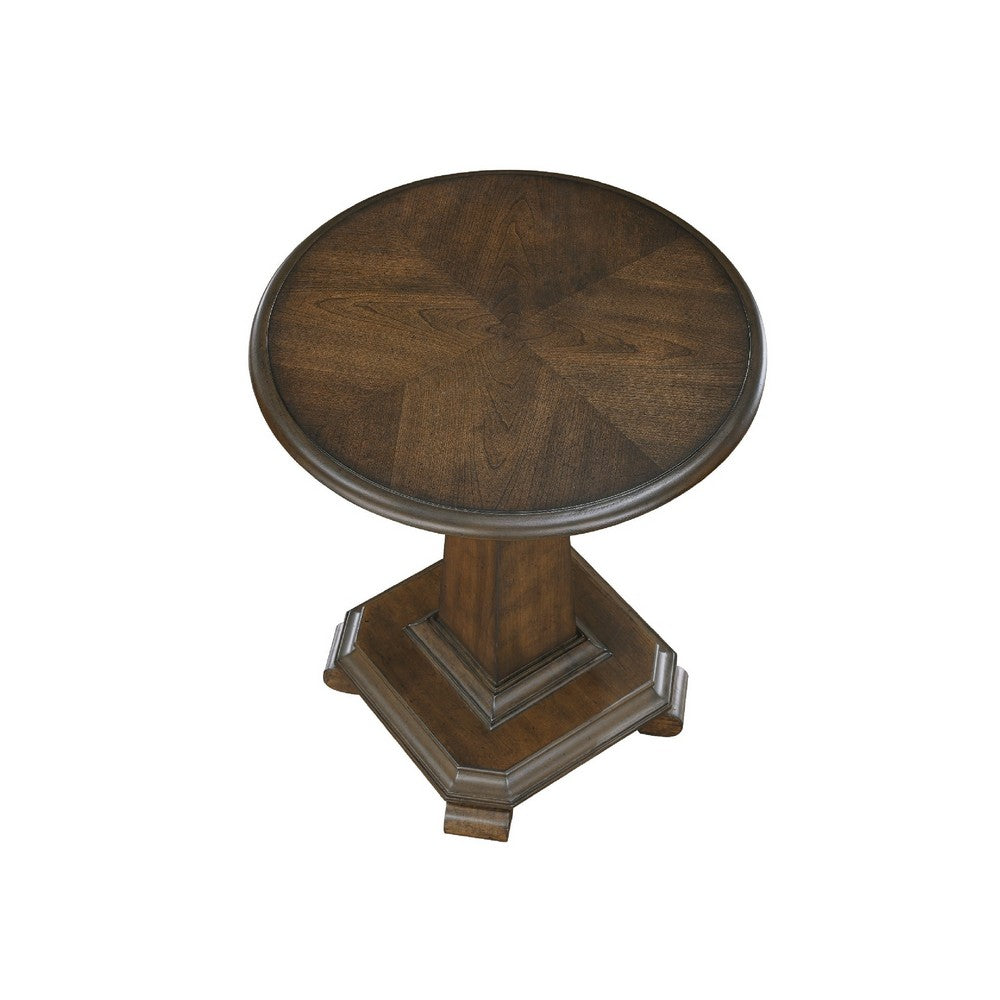 Benjara Rox Side End Table, 22 Inch Round Top, Tapered Pedestal Base, Brown