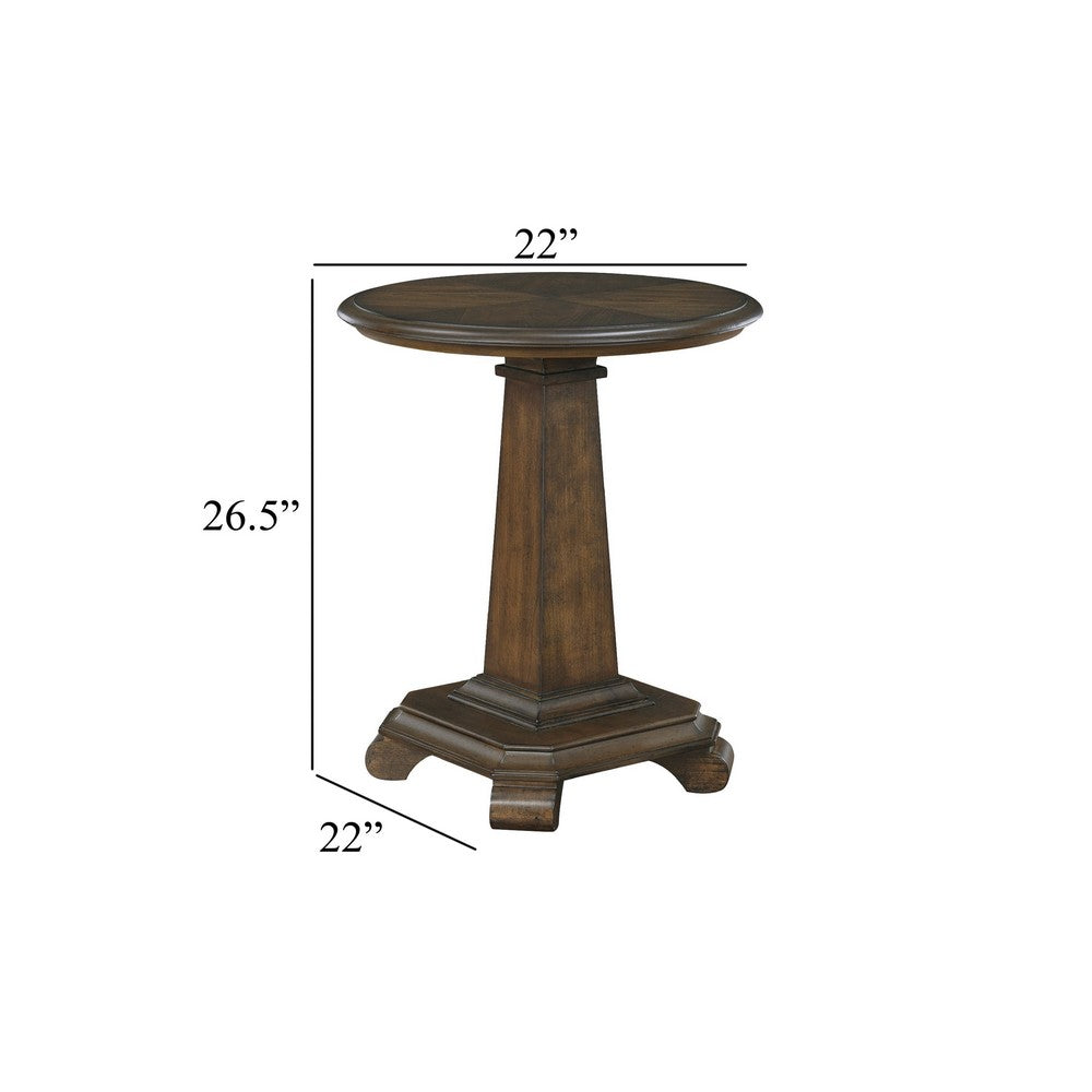 Benjara Rox Side End Table, 22 Inch Round Top, Tapered Pedestal Base, Brown