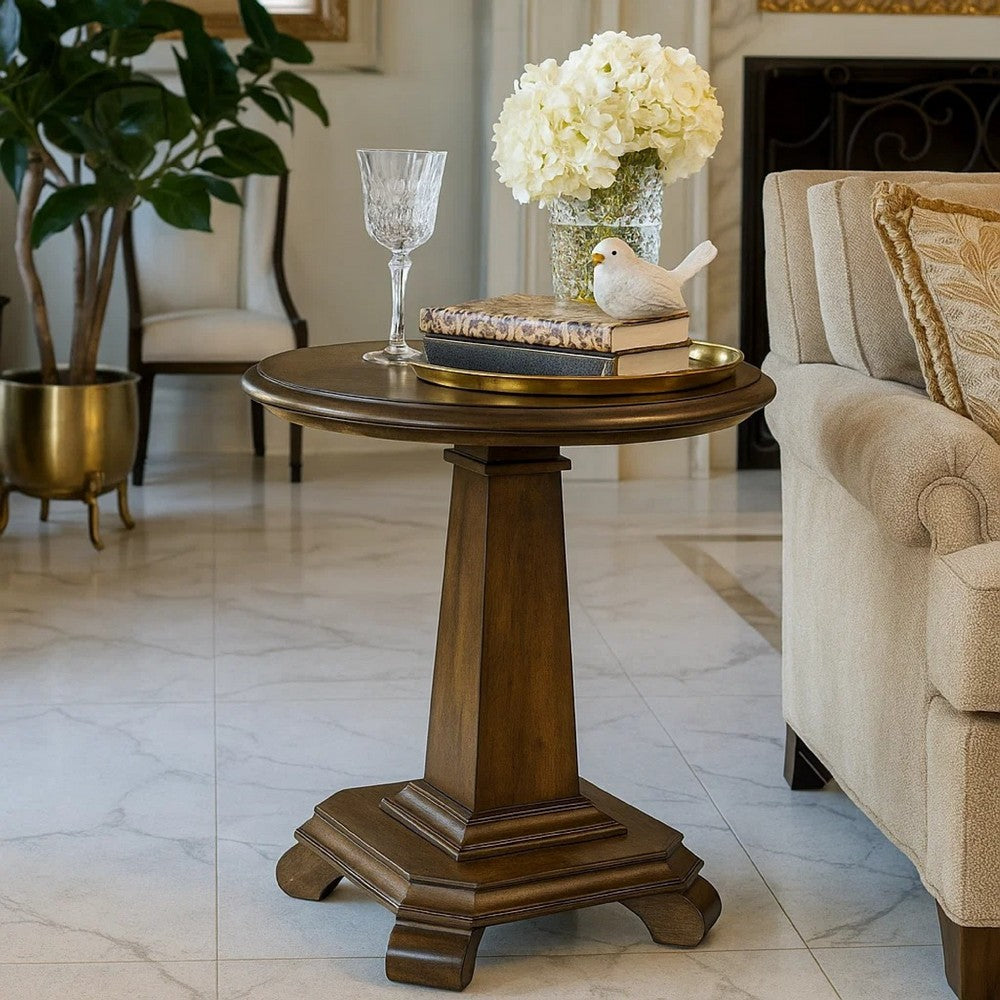 Benjara Rox Side End Table, 22 Inch Round Top, Tapered Pedestal Base, Brown
