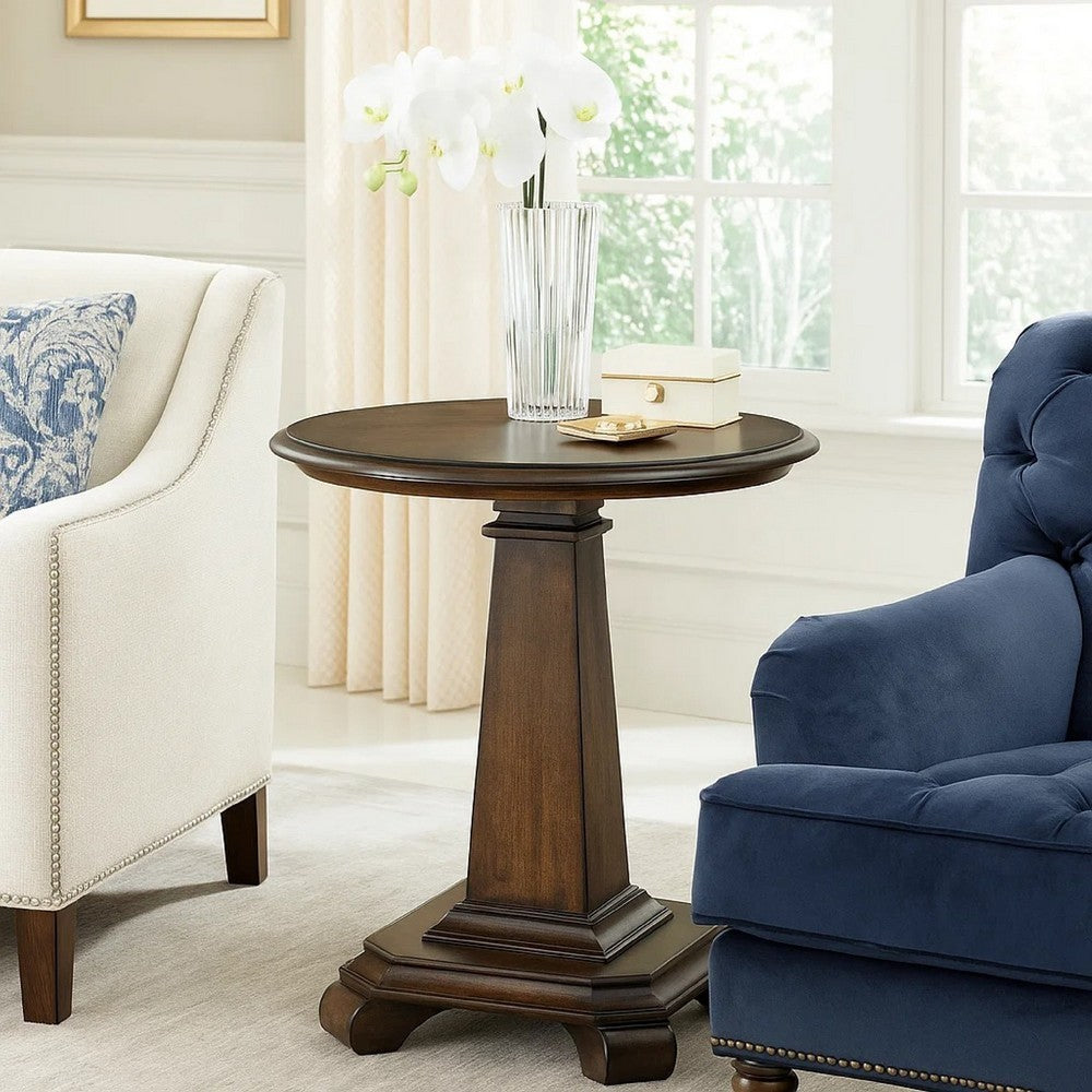 Benjara Rox Side End Table, 22 Inch Round Top, Tapered Pedestal Base, Brown