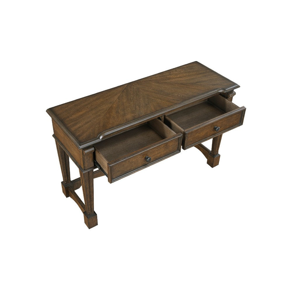 Benjara Rox Sofa Console Table, 50 Inch Top, 2 Drawers w Bronze Knobs, Brown