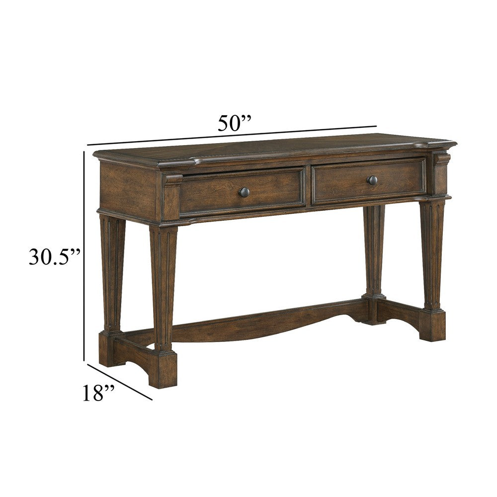 Benjara Rox Sofa Console Table, 50 Inch Top, 2 Drawers w Bronze Knobs, Brown