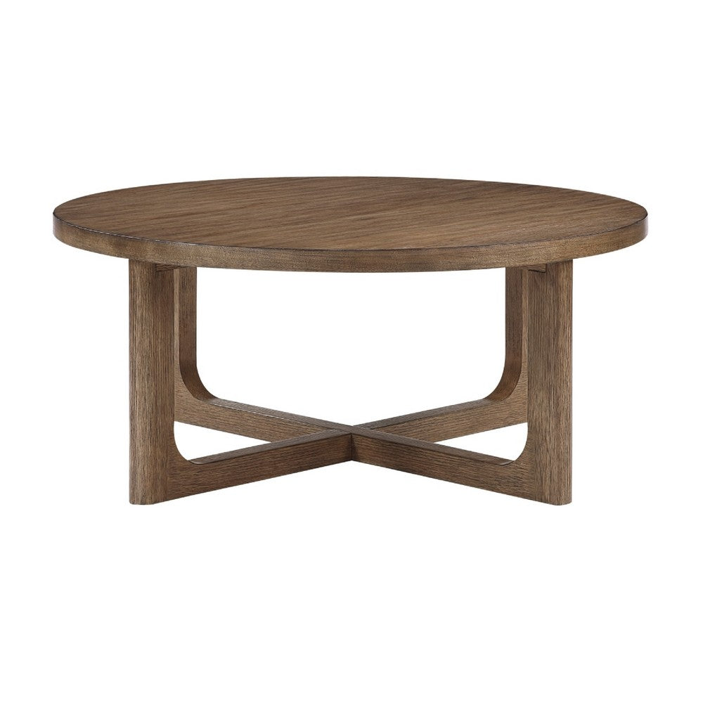 Benjara Bly Coffee Table, 42 Inch Round Top, Open X-Base Design, Light Brown