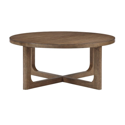 Benjara Bly Coffee Table, 42 Inch Round Top, Open X-Base Design, Light Brown