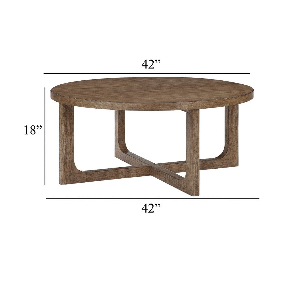 Benjara Bly Coffee Table, 42 Inch Round Top, Open X-Base Design, Light Brown
