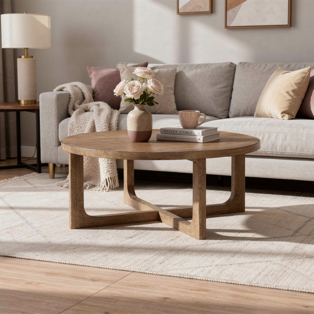 Benjara Bly Coffee Table, 42 Inch Round Top, Open X-Base Design, Light Brown