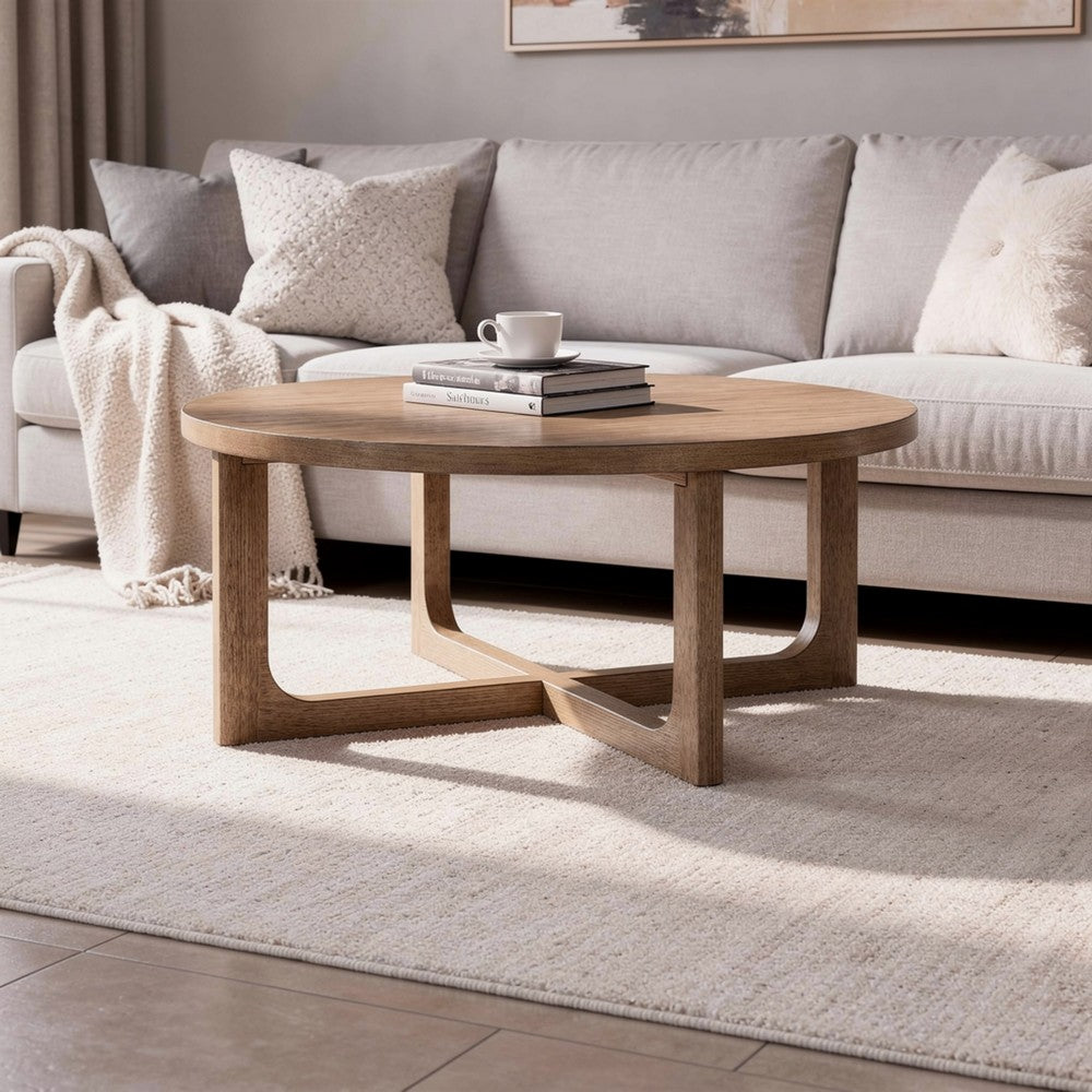 Benjara Bly Coffee Table, 42 Inch Round Top, Open X-Base Design, Light Brown
