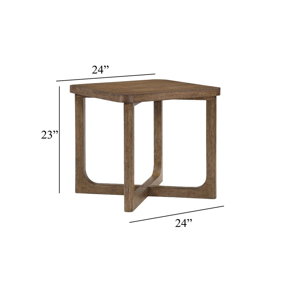 Benjara Bly Side End Table, 24 Inch Square Top, X-Base Design, Light Brown
