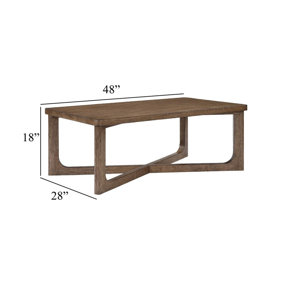 Benjara Bly Coffee Table, 48 Inch Rectangle Top, X-Base Design, Light Brown
