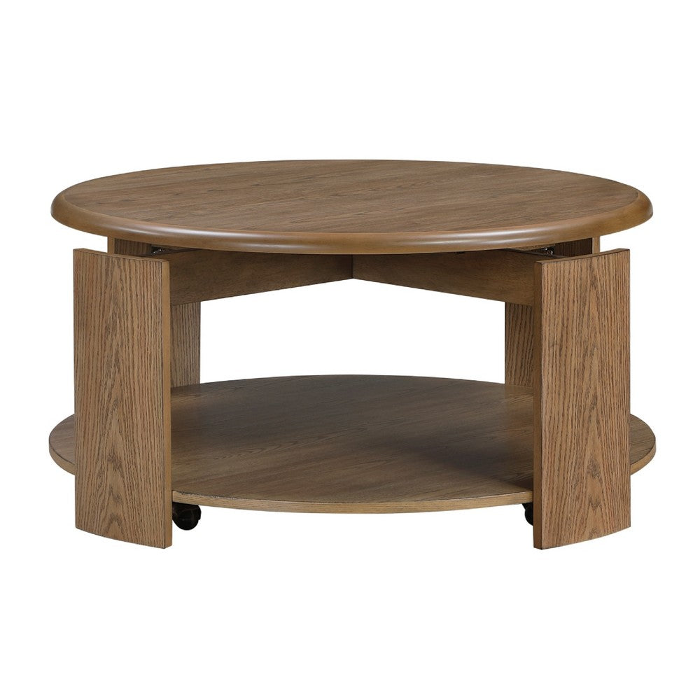 Benjara Eli Coffee Table, 40 Inch Round Swivel Top, Lower Open Shelf, Brown