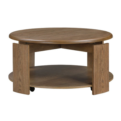 Benjara Eli Coffee Table, 40 Inch Round Swivel Top, Lower Open Shelf, Brown