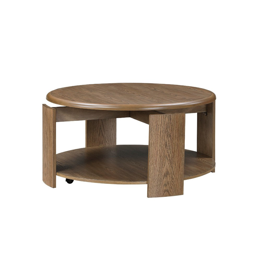 Benjara Eli Coffee Table, 40 Inch Round Swivel Top, Lower Open Shelf, Brown