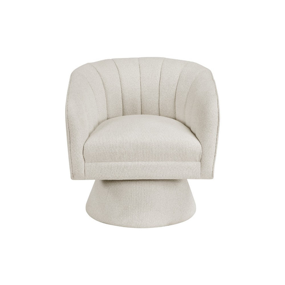 Benjara Shea Swivel Accent Chair, Beige Boucle Fabric, Channel Stitched