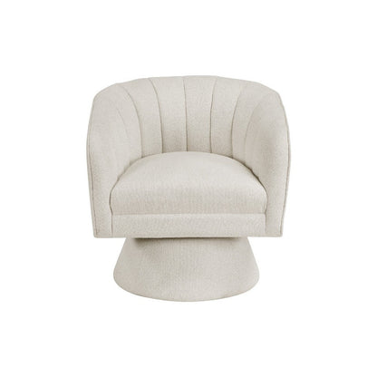 Benjara Shea Swivel Accent Chair, Beige Boucle Fabric, Channel Stitched