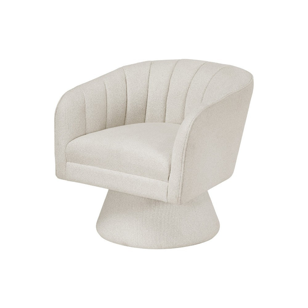 Benjara Shea Swivel Accent Chair, Beige Boucle Fabric, Channel Stitched