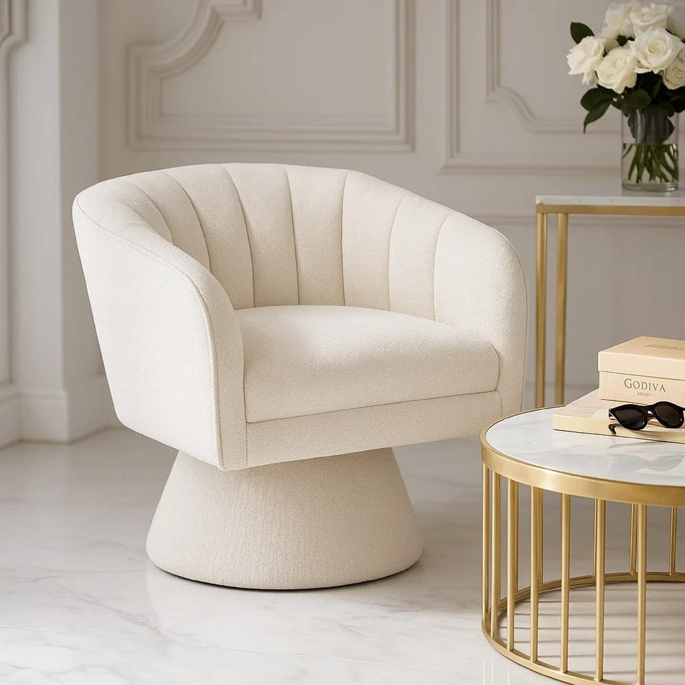 Benjara Shea Swivel Accent Chair, Beige Boucle Fabric, Channel Stitched