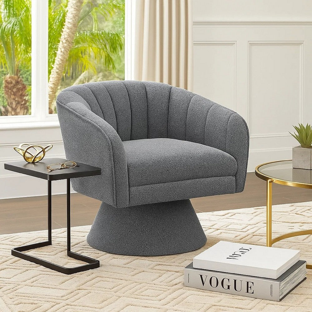 Benjara Shea Swivel Accent Chair, Dark Gray Boucle Fabric, Channel Stitched