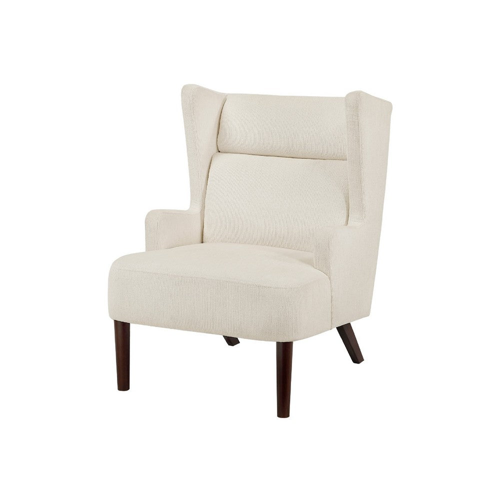 Benjara Joen Accent Chair, High Wing Backrest, Beige Chenille, Wood Legs