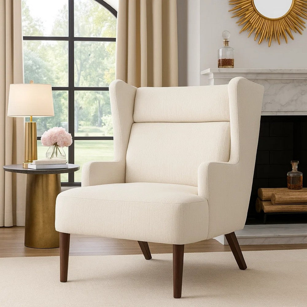 Benjara Joen Accent Chair, High Wing Backrest, Beige Chenille, Wood Legs