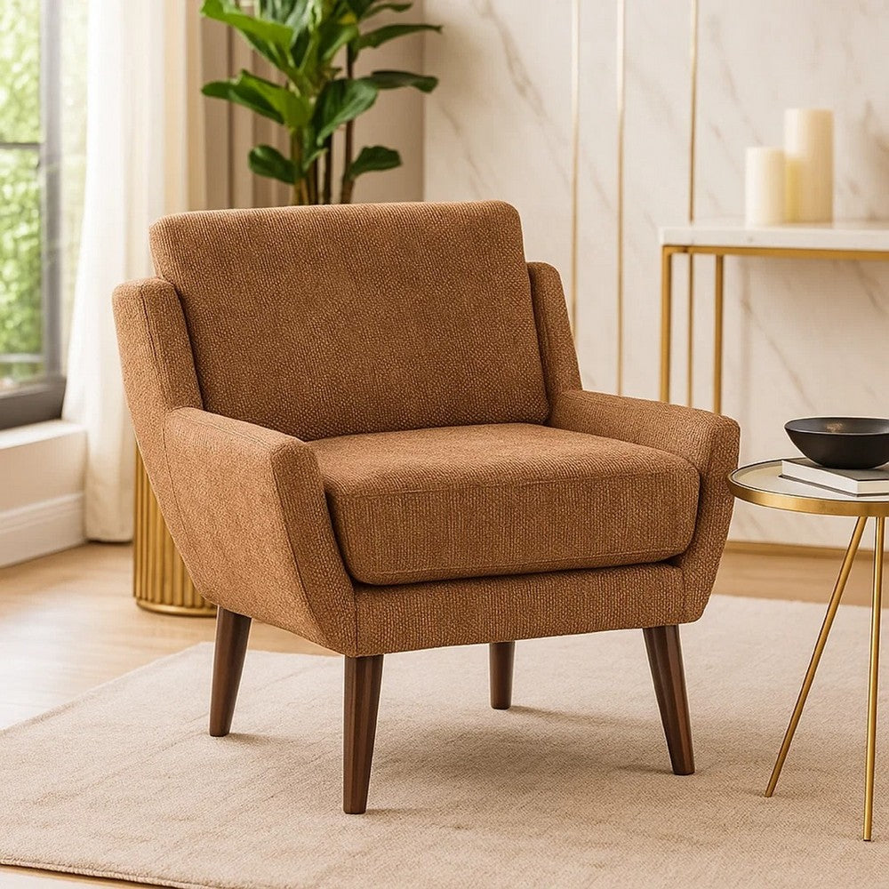 Benjara Veny Accent Armchair, Burnt Orange Chenille, Solid Wood Angled Legs