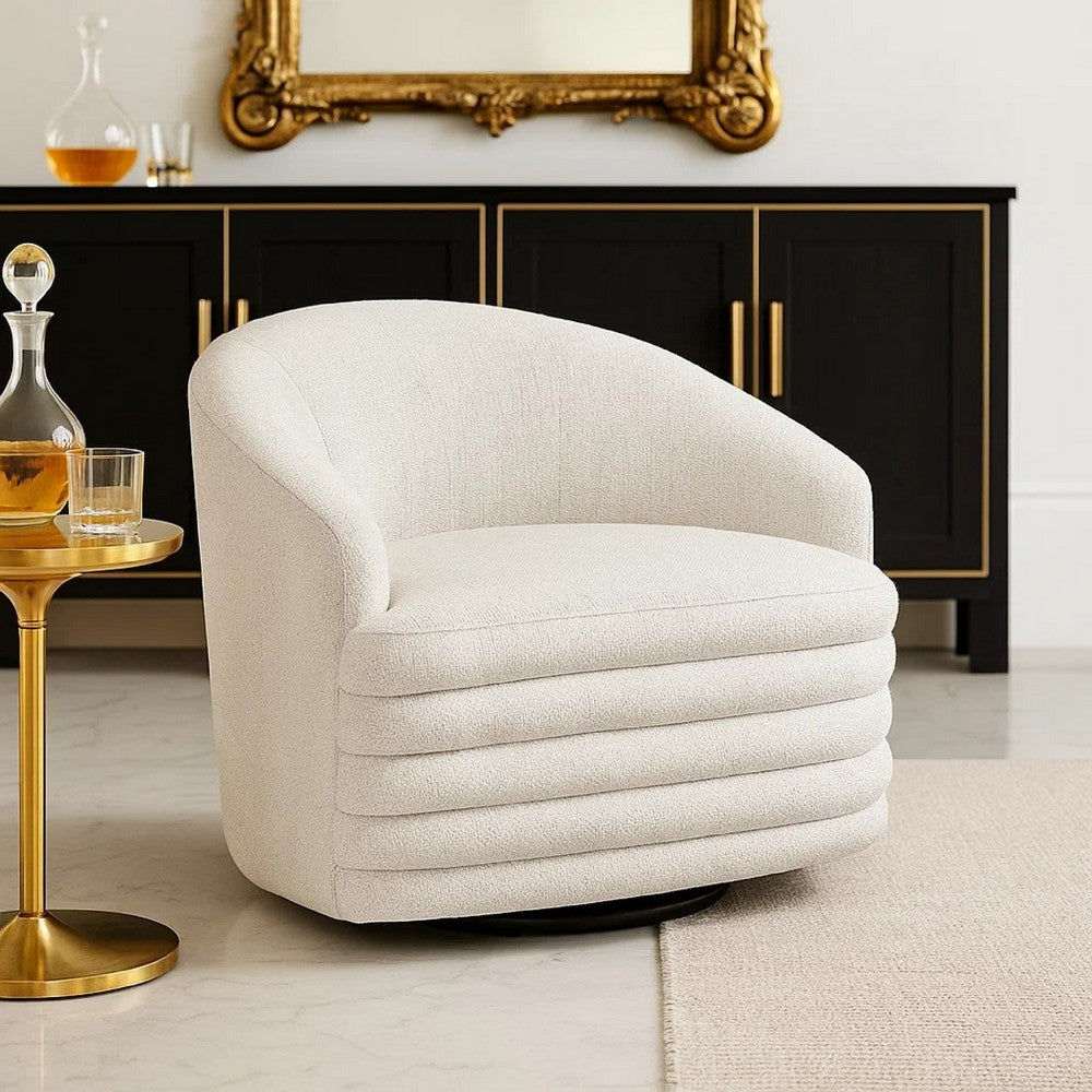 Benjara Vinn Swivel Accent Armchair, Barrel Design, Beige Chenille Fabric