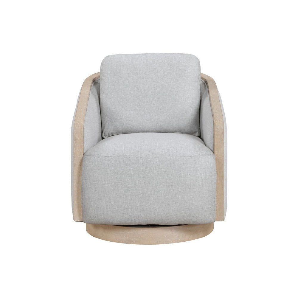 Benjara Jely Swivel Accent Armchair, Oak Brown Wood Trim And Base, Gray Polyester