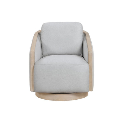 Benjara Jely Swivel Accent Armchair, Oak Brown Wood Trim And Base, Gray Polyester