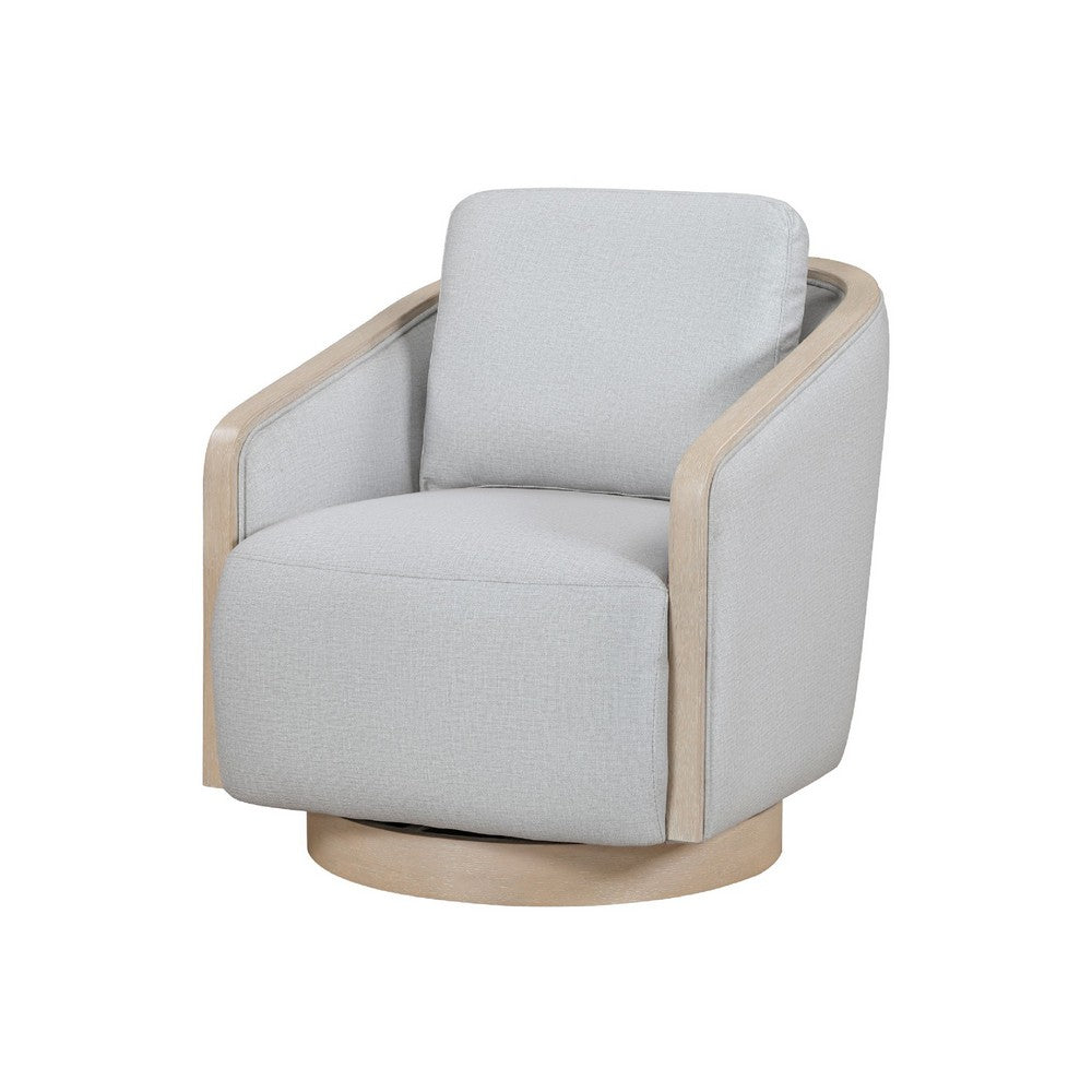 Benjara Jely Swivel Accent Armchair, Oak Brown Wood Trim And Base, Gray Polyester