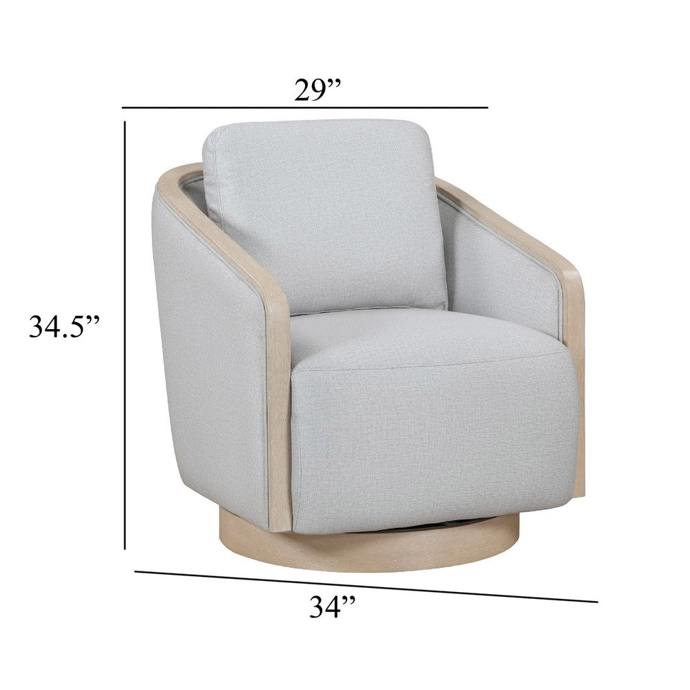 Benjara Jely Swivel Accent Armchair, Oak Brown Wood Trim And Base, Gray Polyester