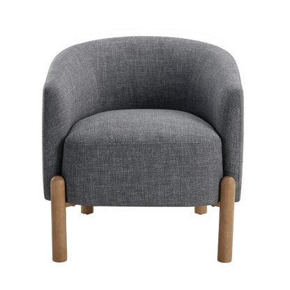 Benjara Diya Barrel Style Accent Chair, Gray Polyester, Light Brown Wood Legs