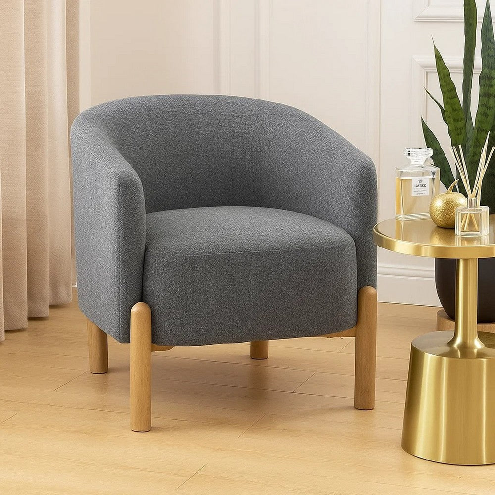 Benjara Diya Barrel Style Accent Chair, Gray Polyester, Light Brown Wood Legs