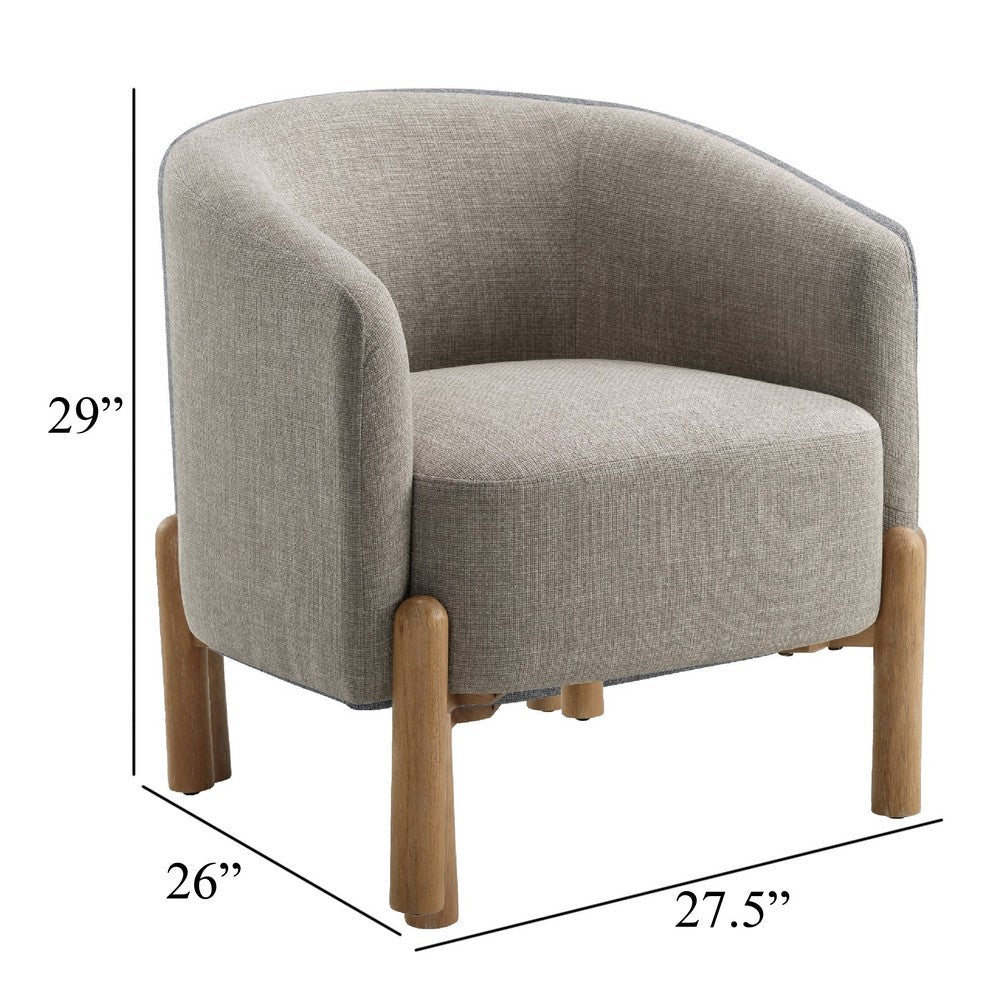 Benjara Diya Barrel Style Accent Chair, Taupe Gray Polyester, Brown Wood Legs