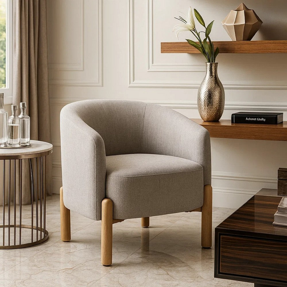 Benjara Diya Barrel Style Accent Chair, Taupe Gray Polyester, Brown Wood Legs