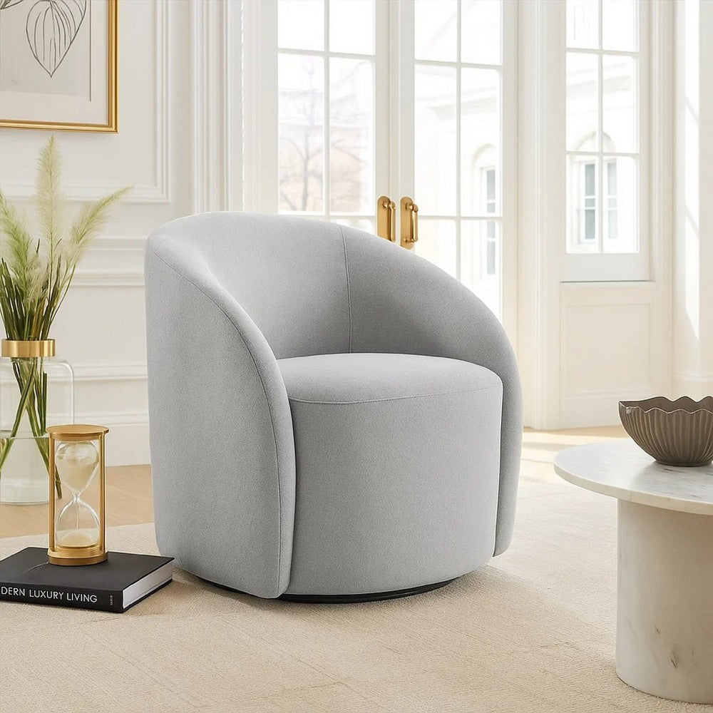 Benjara Saho Swivel Accent Chair, Barrel Style, Foam Padded, Light Gray Boucle
