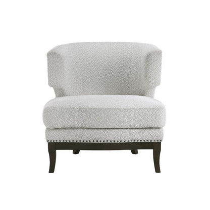 Benjara Elly Accent Chair, Barrel Back, Gray Boucle w Nailheads, Brown Wood