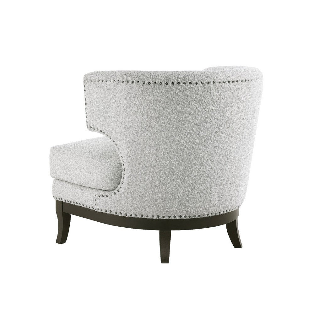 Benjara Elly Accent Chair, Barrel Back, Gray Boucle w Nailheads, Brown Wood