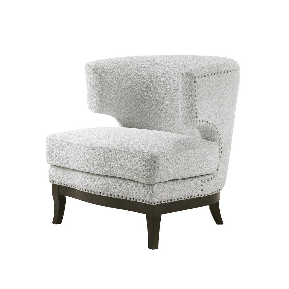 Benjara Elly Accent Chair, Barrel Back, Gray Boucle w Nailheads, Brown Wood