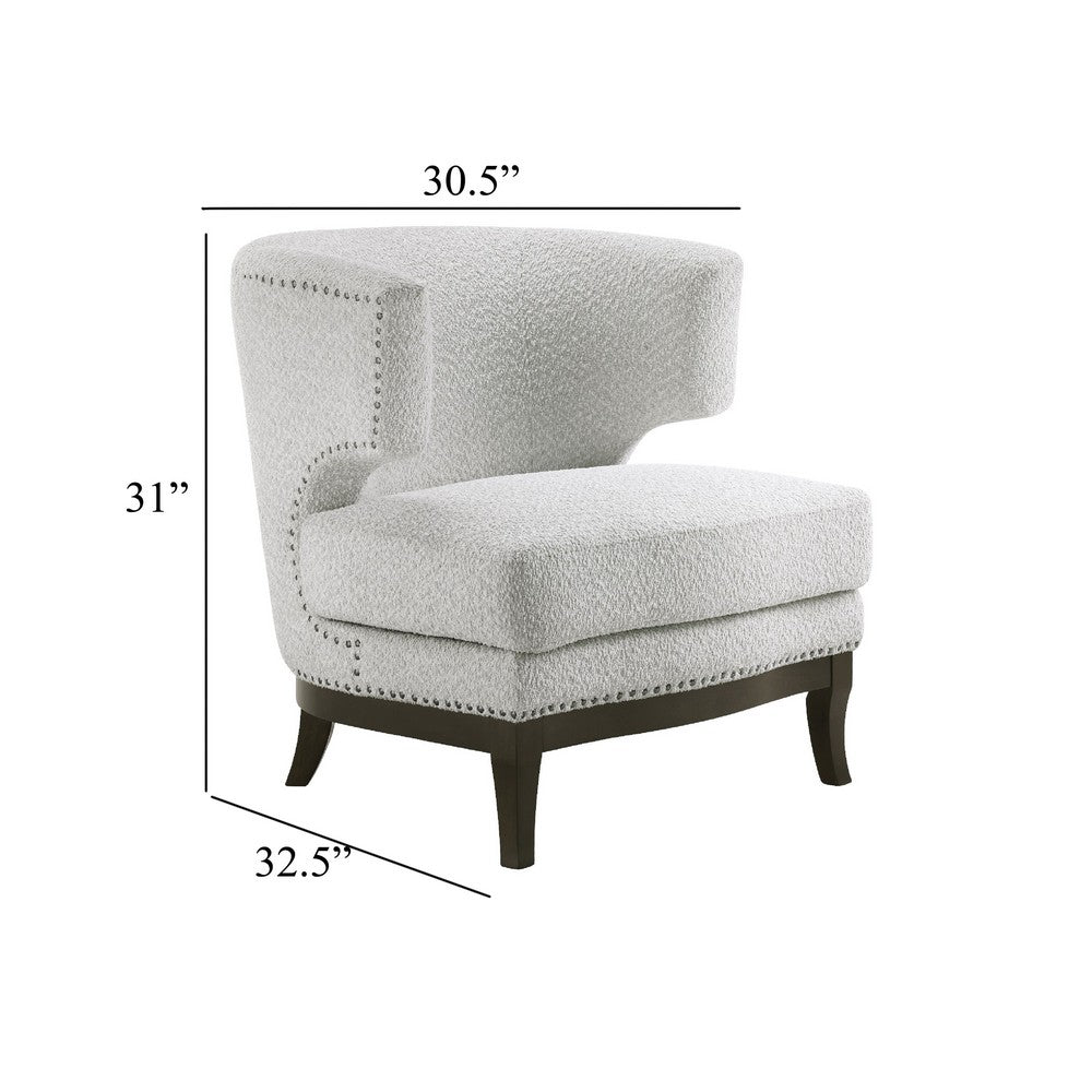 Benjara Elly Accent Chair, Barrel Back, Gray Boucle w Nailheads, Brown Wood