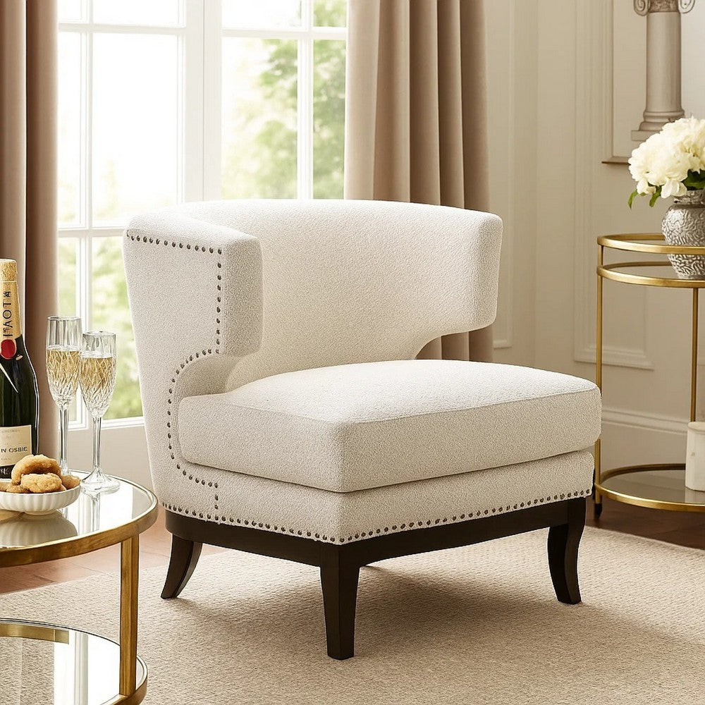 Benjara Elly Accent Chair, Barrel Back, Gray Boucle w Nailheads, Brown Wood