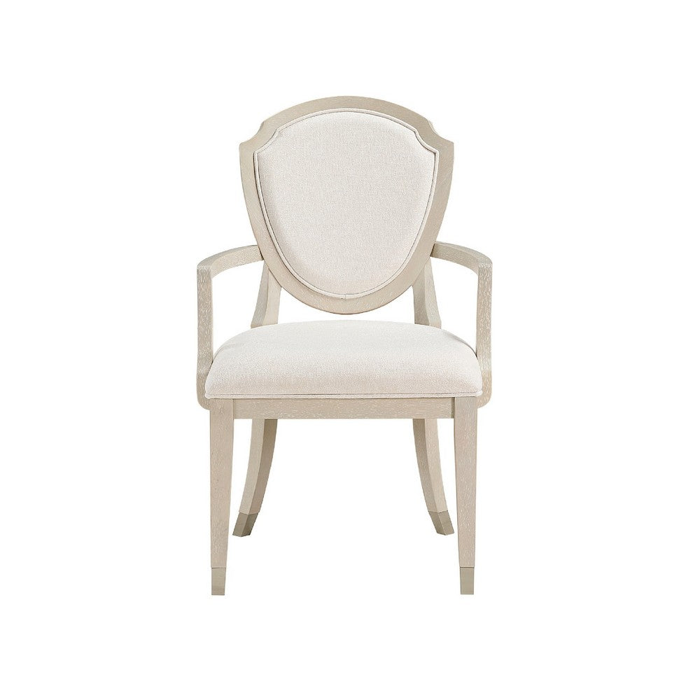 Benjara Olto Set of 2 Dining Armchairs, Ivory Chenille, Light Oak Brown Wood, Dipped Legs