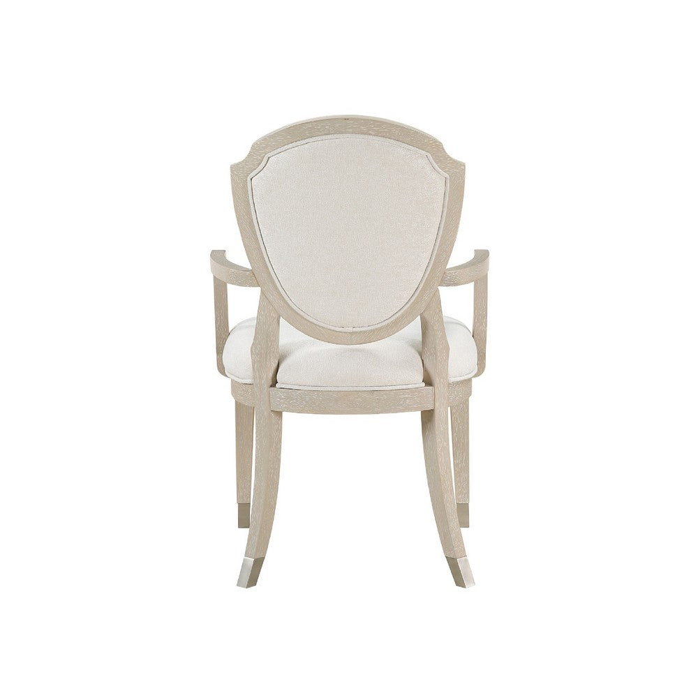 Benjara Olto Set of 2 Dining Armchairs, Ivory Chenille, Light Oak Brown Wood, Dipped Legs
