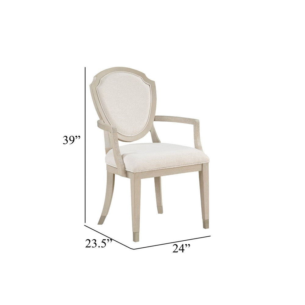 Benjara Olto Set of 2 Dining Armchairs, Ivory Chenille, Light Oak Brown Wood, Dipped Legs