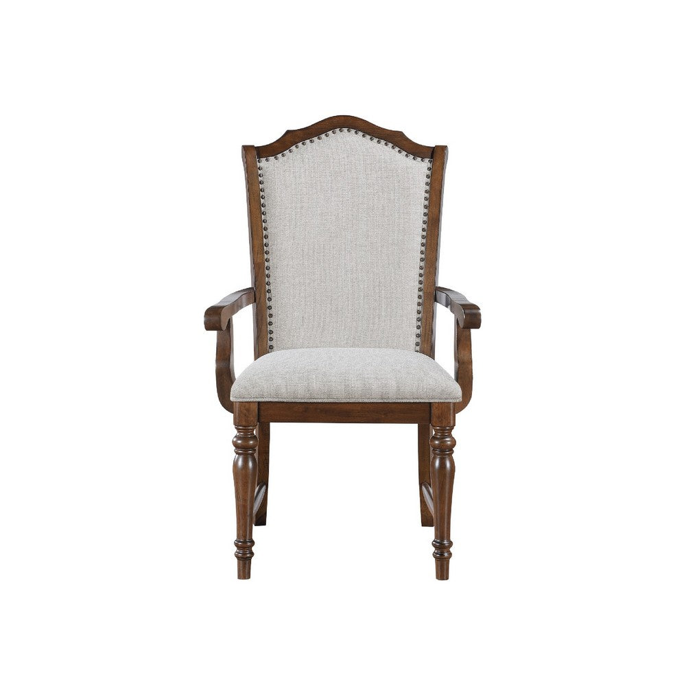 Benjara Feva Dining Armchair Set of 2, Scallop Back, Gray Polyester, Cherry Brown