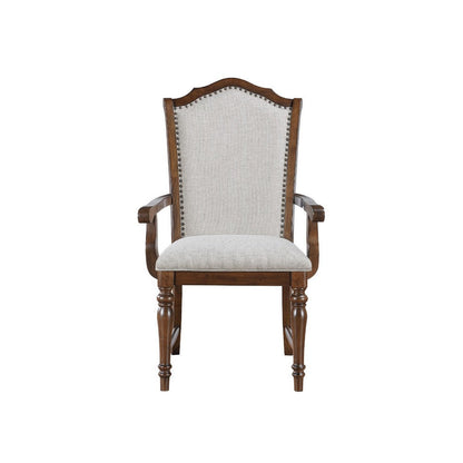 Benjara Feva Dining Armchair Set of 2, Scallop Back, Gray Polyester, Cherry Brown
