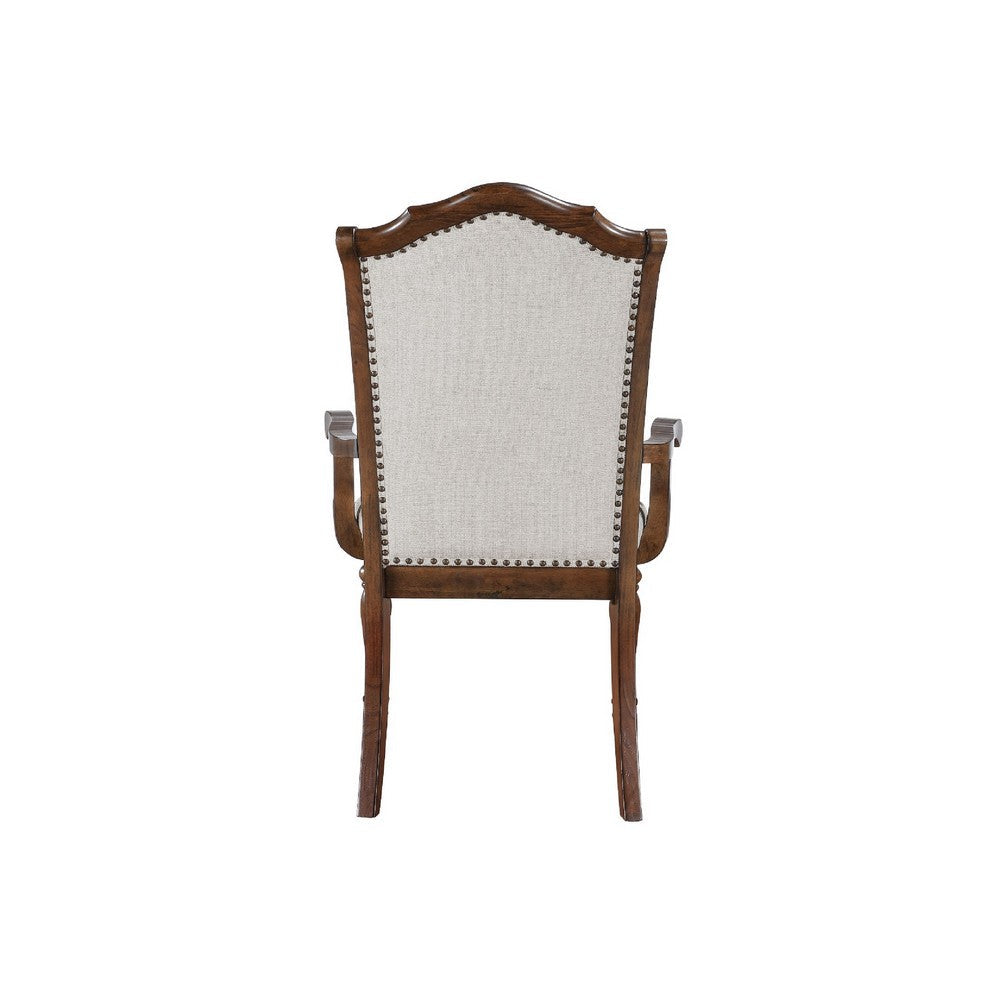 Benjara Feva Dining Armchair Set of 2, Scallop Back, Gray Polyester, Cherry Brown