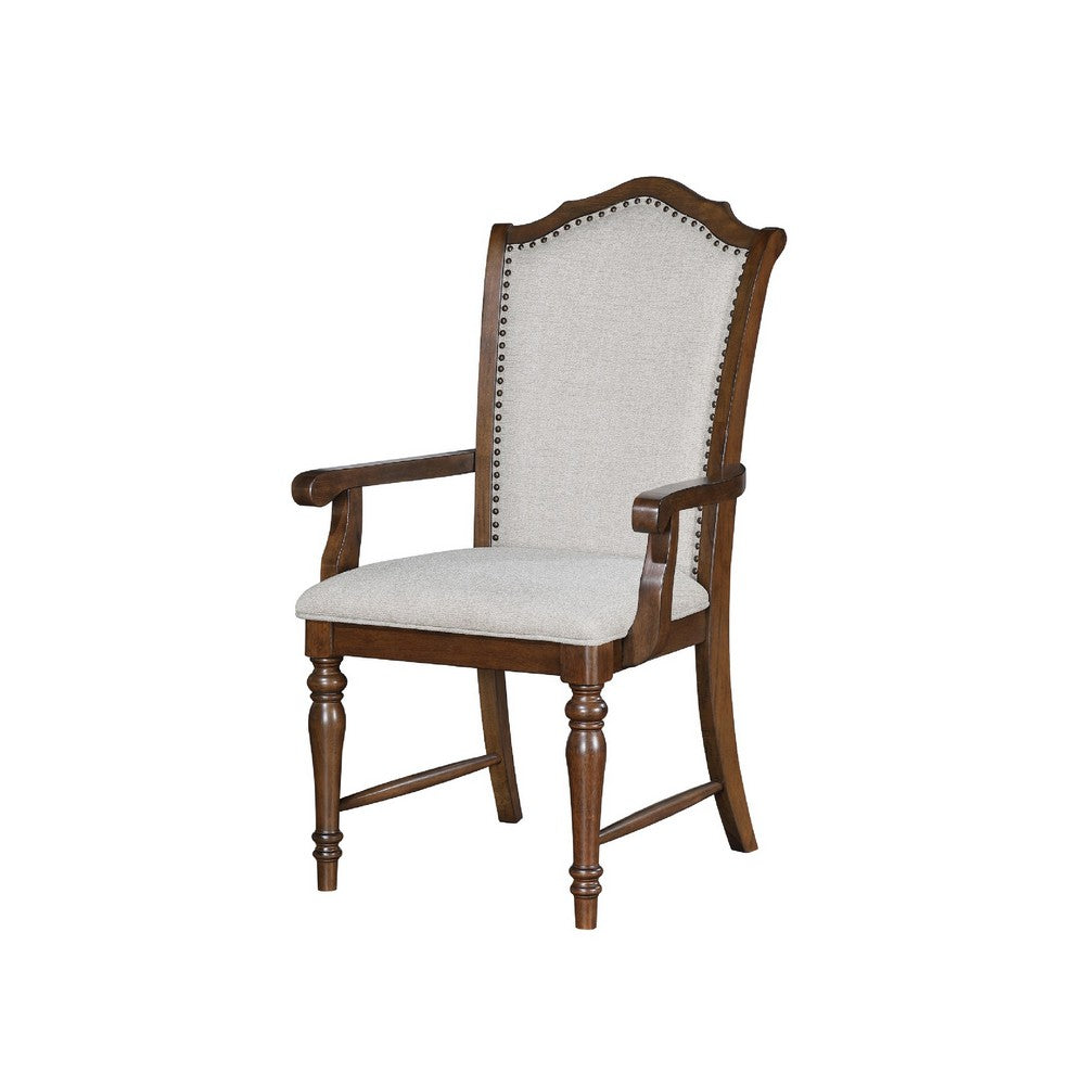 Benjara Feva Dining Armchair Set of 2, Scallop Back, Gray Polyester, Cherry Brown