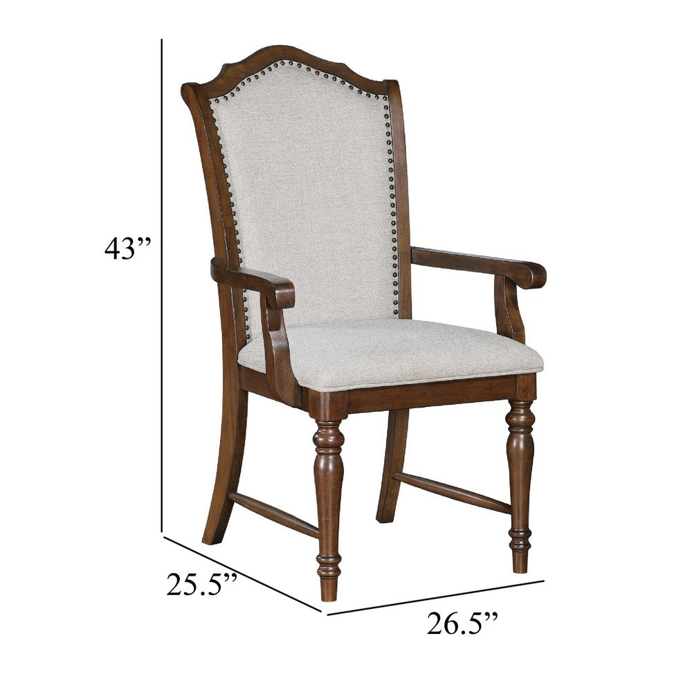 Benjara Feva Dining Armchair Set of 2, Scallop Back, Gray Polyester, Cherry Brown