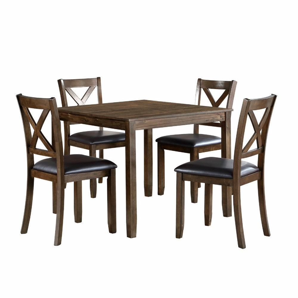 Benjara Gimi 5pc Dining Table Set, 4 X Back Faux Leather Chairs, Charcoal Brown