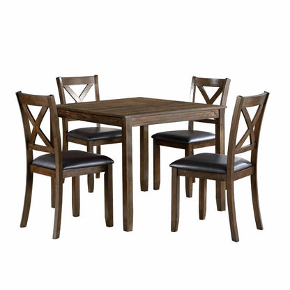 Benjara Gimi 5pc Dining Table Set, 4 X Back Faux Leather Chairs, Charcoal Brown
